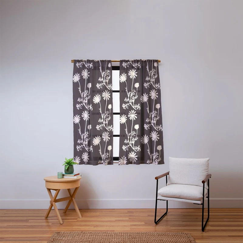Dark Floral Botanical Wild Daisies Pattern in Black and Almond Cream Window Curtain