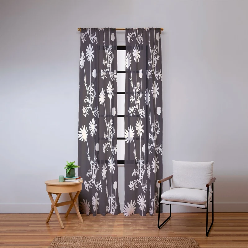 Dark Floral Botanical Wild Daisies Pattern in Black and Almond Cream Window Curtain
