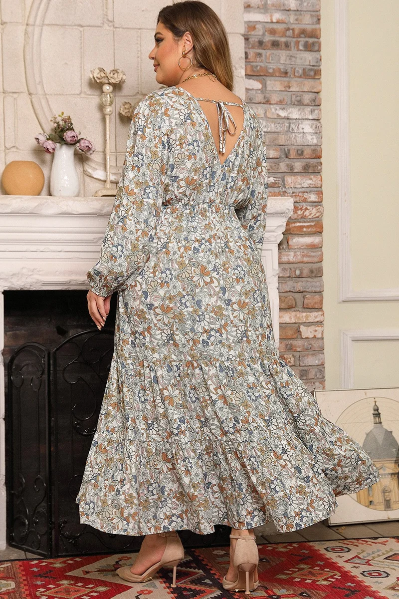 Plus-size bedrukte ballonmouw-ruffle zoomjurk