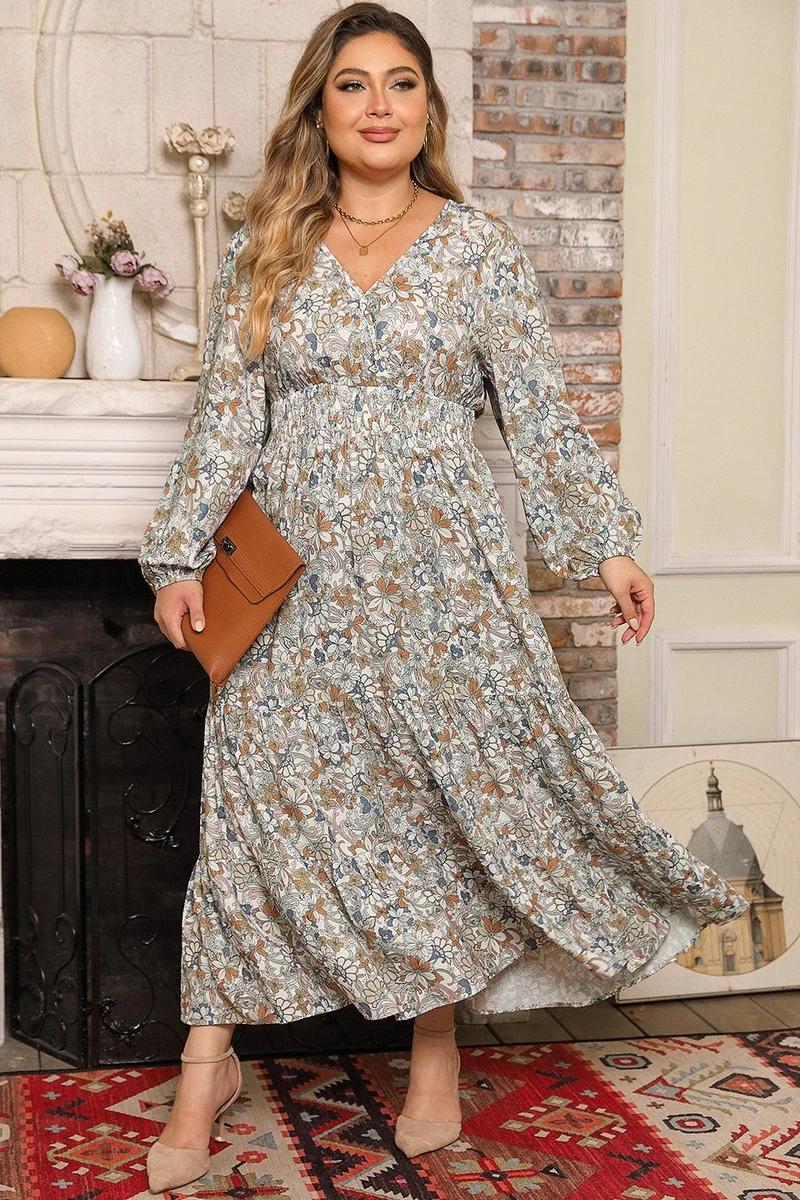 Plus-size bedrukte ballonmouw-ruffle zoomjurk