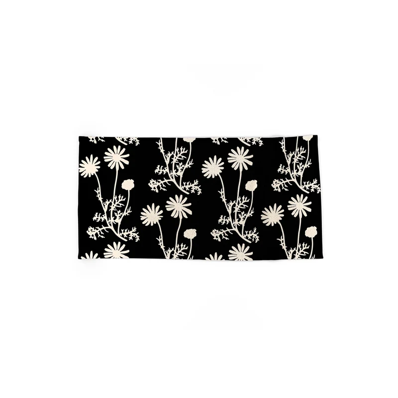Dark Floral Botanical Wild Daisies Pattern in Black and Almond Cream Bath Towel