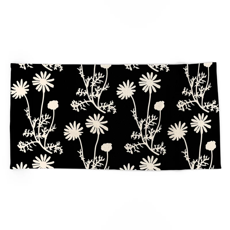 Dark Floral Botanical Wild Daisies Pattern in Black and Almond Cream Bath Towel