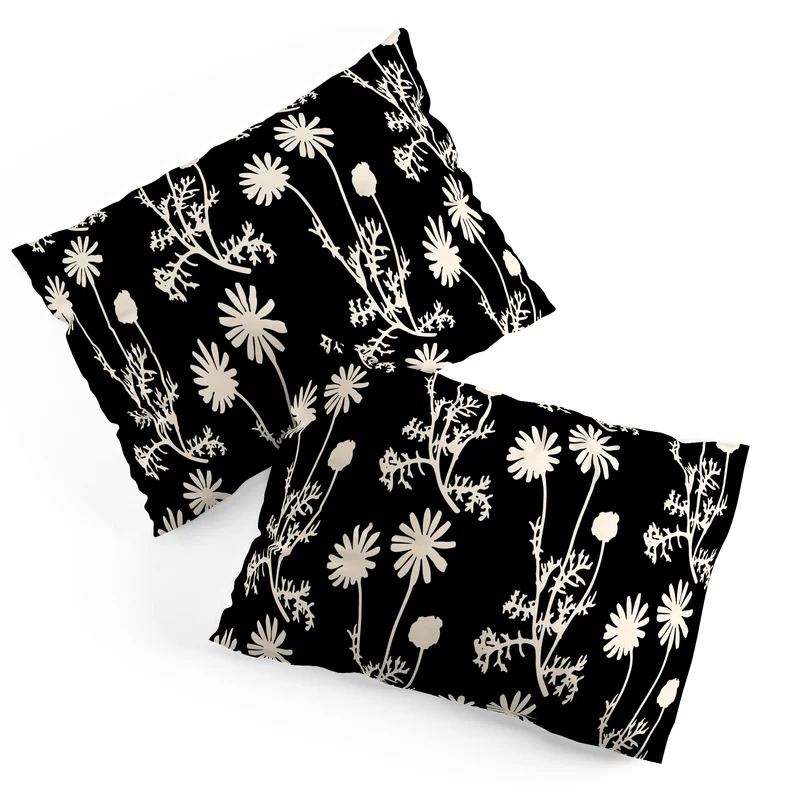 Dark Floral Botanical Wild Daisies Pattern in Black and Almond Cream Pillow Sham