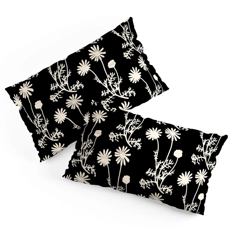 Dark Floral Botanical Wild Daisies Pattern in Black and Almond Cream Pillow Sham