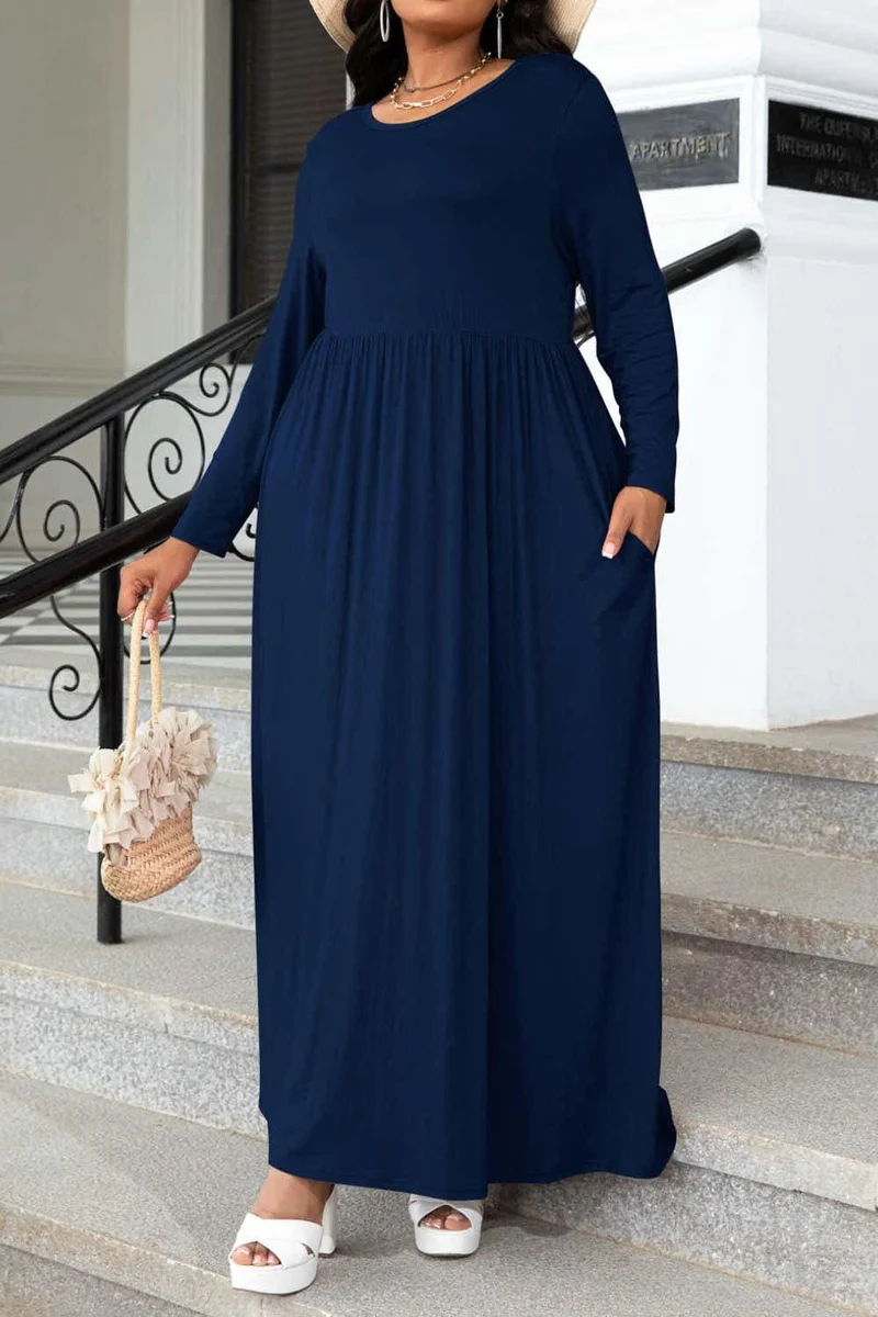 Plus Size Ronde Hals Lange Mouw Maxi Jurk met Zakken