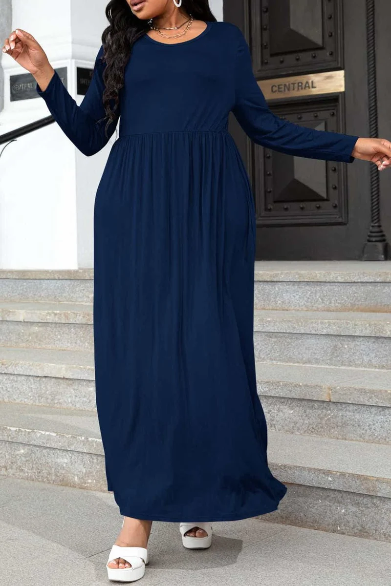 Plus Size Ronde Hals Lange Mouw Maxi Jurk met Zakken