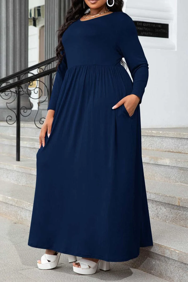 Plus Size Ronde Hals Lange Mouw Maxi Jurk met Zakken