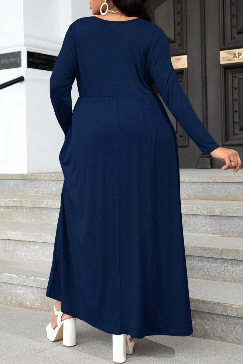 Plus Size Ronde Hals Lange Mouw Maxi Jurk met Zakken