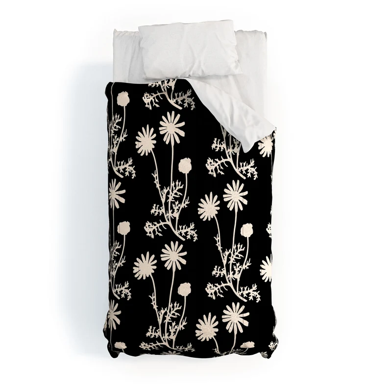 Dark Floral Botanical Wild Daisies Pattern in Black and Almond Cream Comforter