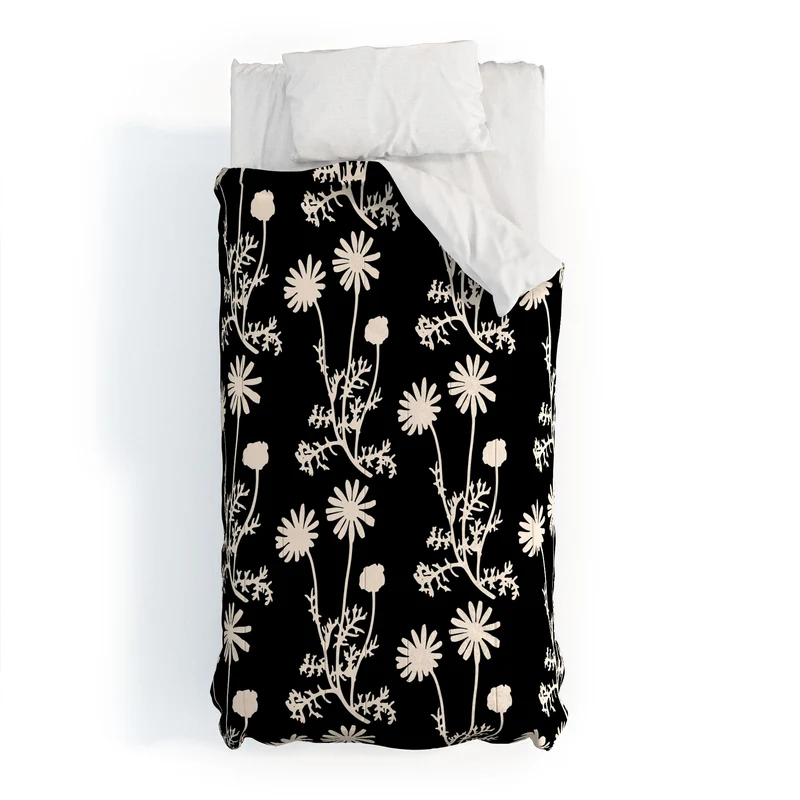 Dark Floral Botanical Wild Daisies Pattern in Black and Almond Cream Comforter