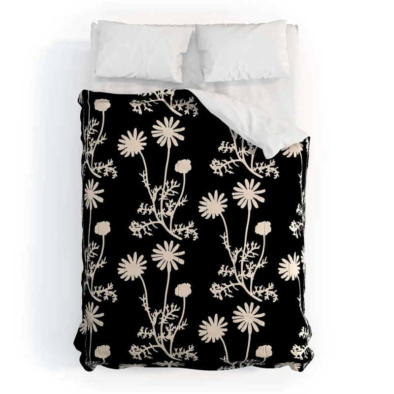Dark Floral Botanical Wild Daisies Pattern in Black and Almond Cream Comforter