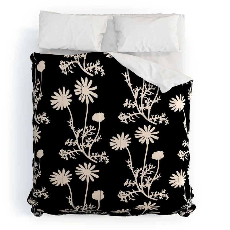 Dark Floral Botanical Wild Daisies Pattern in Black and Almond Cream Comforter