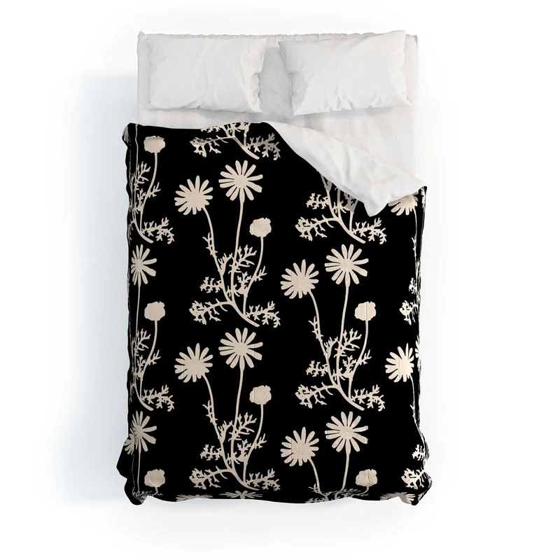 Dark Floral Botanical Wild Daisies Pattern in Black and Almond Cream Comforter