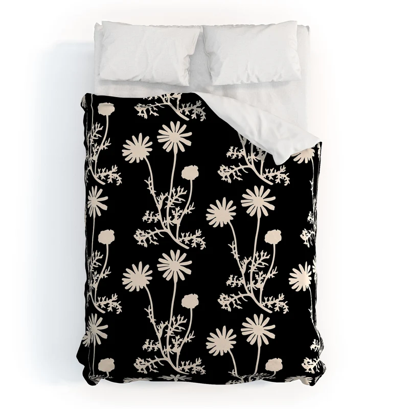 Dark Floral Botanical Wild Daisies Pattern in Black and Almond Cream Duvet Cover