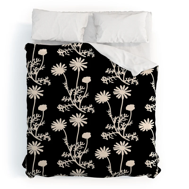 Dark Floral Botanical Wild Daisies Pattern in Black and Almond Cream Duvet Cover