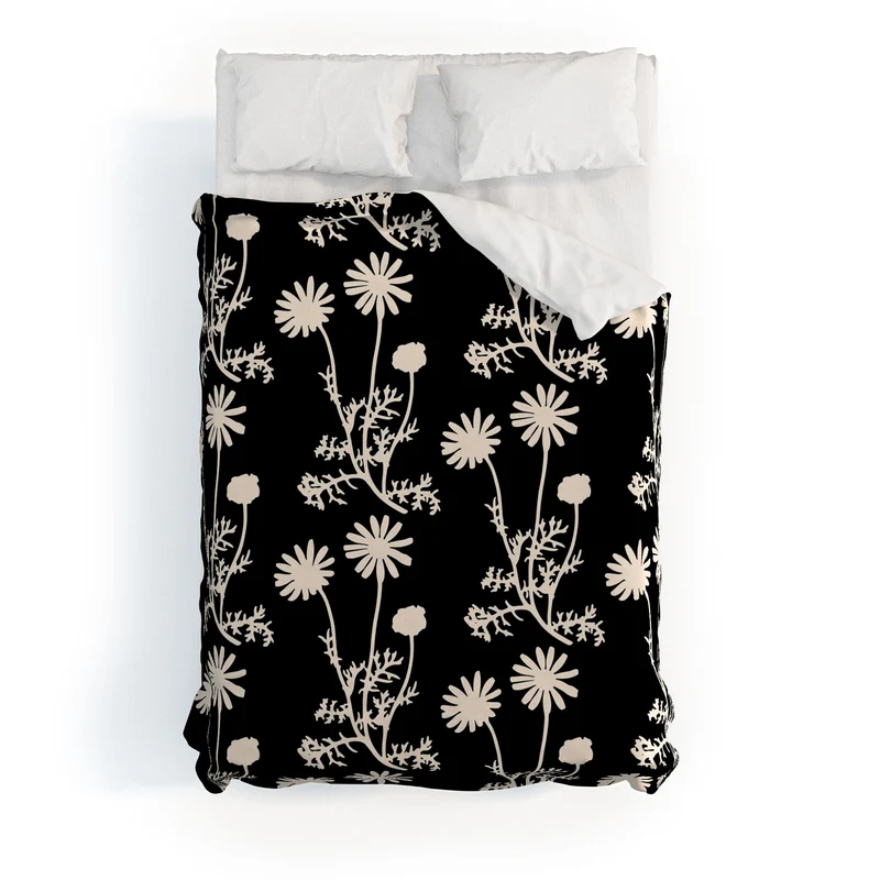 Dark Floral Botanical Wild Daisies Pattern in Black and Almond Cream Duvet Cover