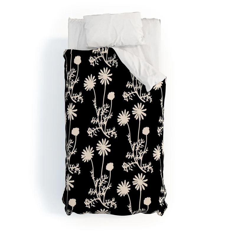 Dark Floral Botanical Wild Daisies Pattern in Black and Almond Cream Duvet Cover