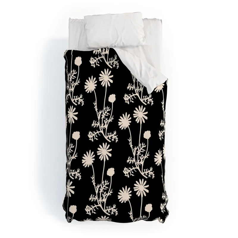 Dark Floral Botanical Wild Daisies Pattern in Black and Almond Cream Duvet Cover