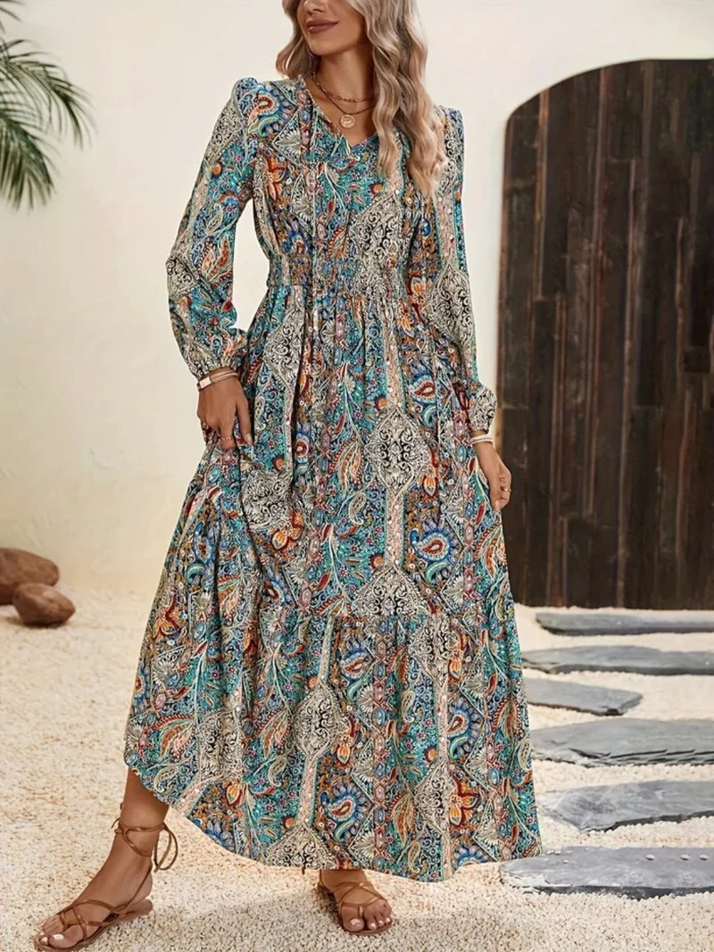 Trendy maxi-jurk met print en strik bij de hals, lange mouwen - Modieuze maxi-jurk voor evenementen