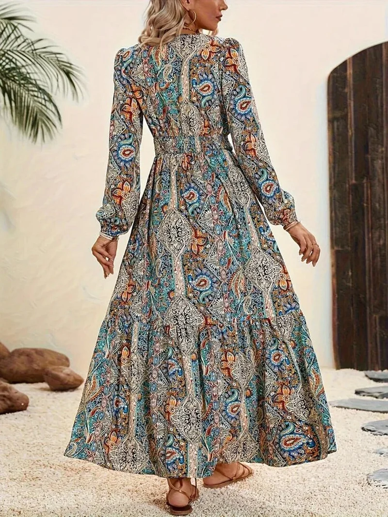 Trendy maxi-jurk met print en strik bij de hals, lange mouwen - Modieuze maxi-jurk voor evenementen