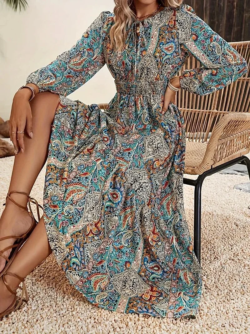 Trendy maxi-jurk met print en strik bij de hals, lange mouwen - Modieuze maxi-jurk voor evenementen