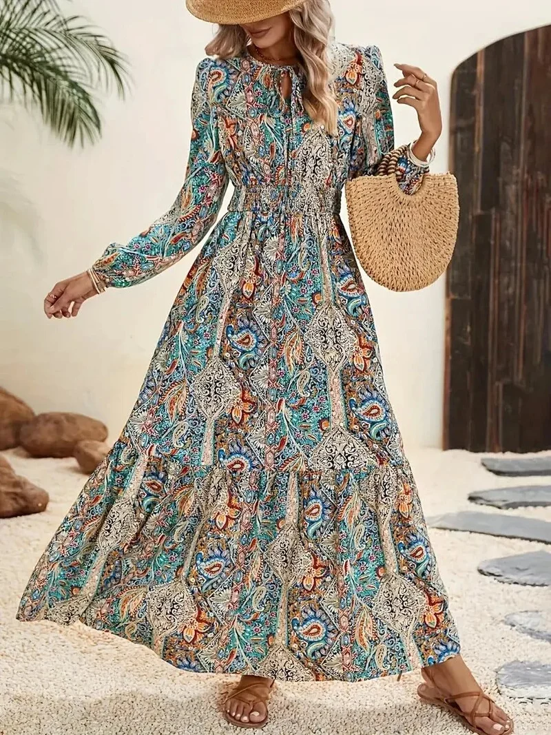 Trendy maxi-jurk met print en strik bij de hals, lange mouwen - Modieuze maxi-jurk voor evenementen