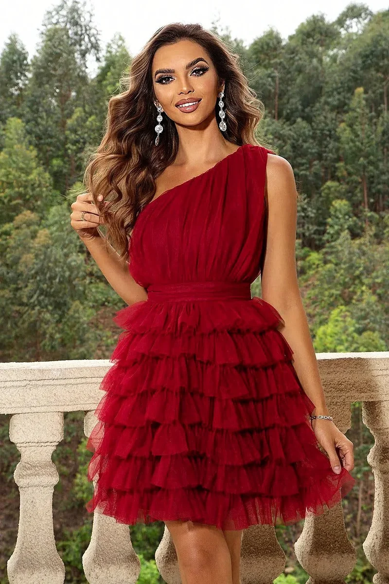 Elegante feestjurk met één schouder en gelaagd design - Licht elastisch 100% polyester