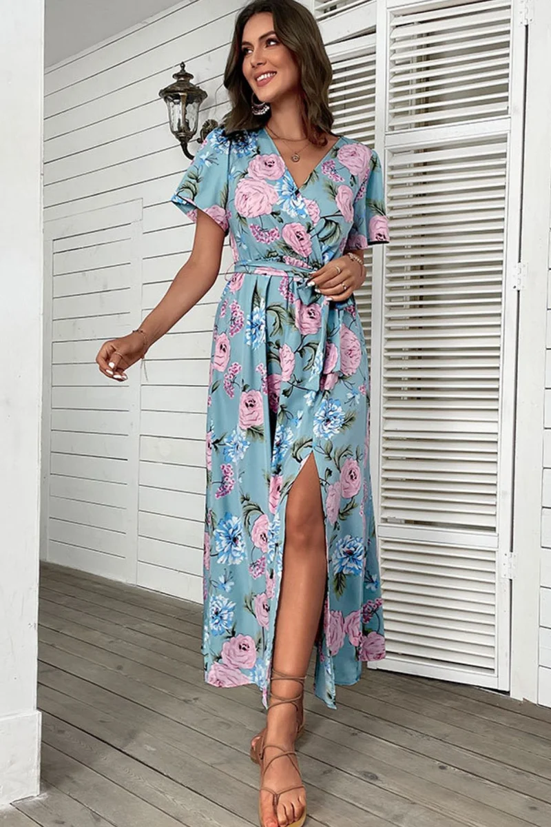 Perfee Floral Tie-Taille Slit Surplice Maxi-jurk