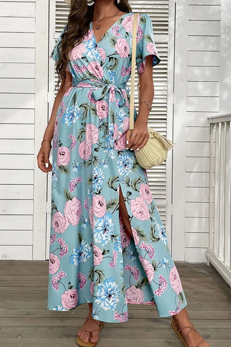 Perfee Floral Tie-Taille Slit Surplice Maxi-jurk