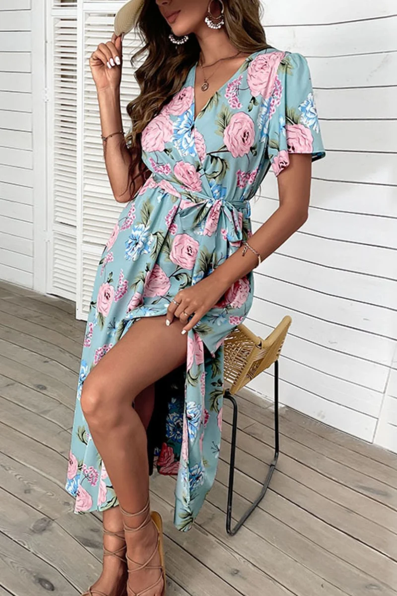 Perfee Floral Tie-Taille Slit Surplice Maxi-jurk