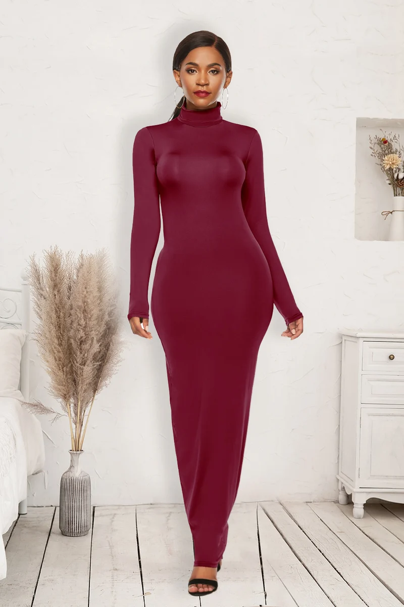 Mock Neck Lange Mouw Maxi Slim Jurk