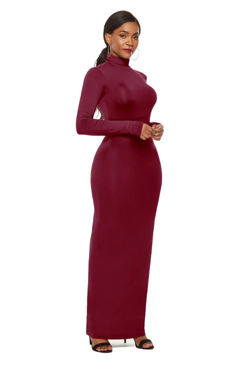 Mock Neck Lange Mouw Maxi Slim Jurk