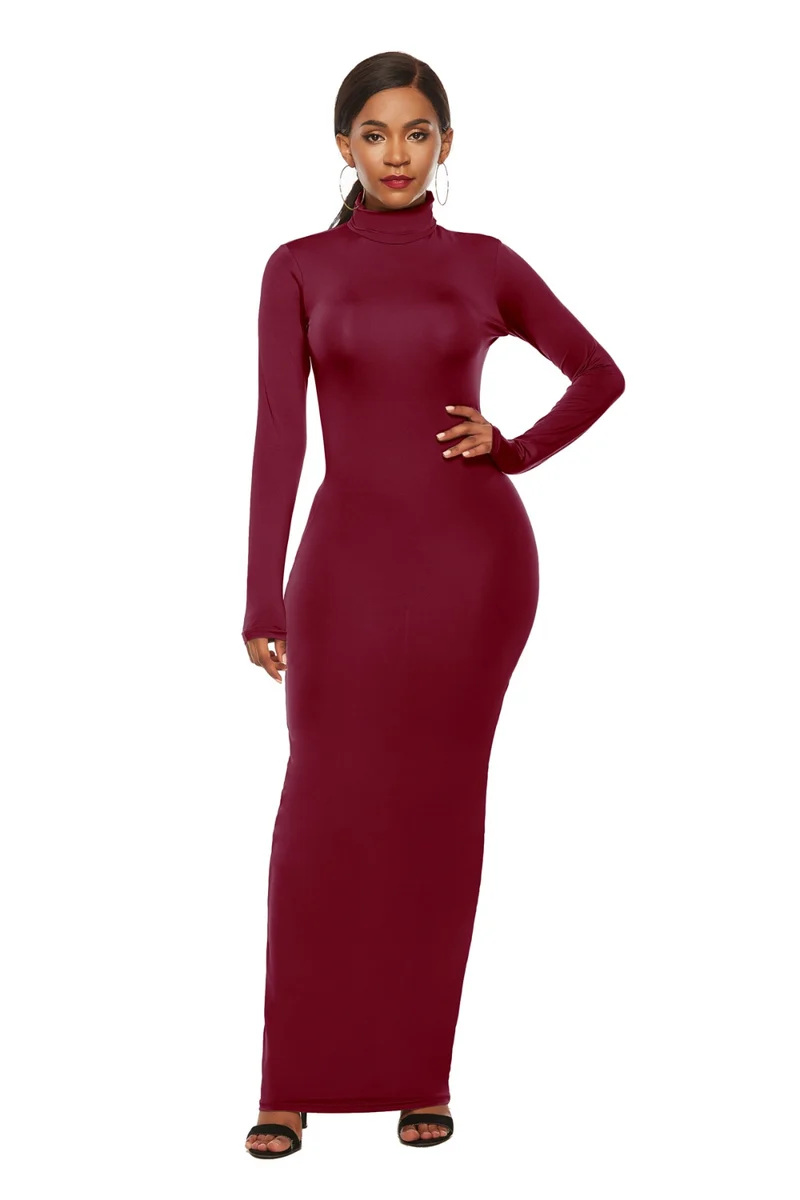 Mock Neck Lange Mouw Maxi Slim Jurk