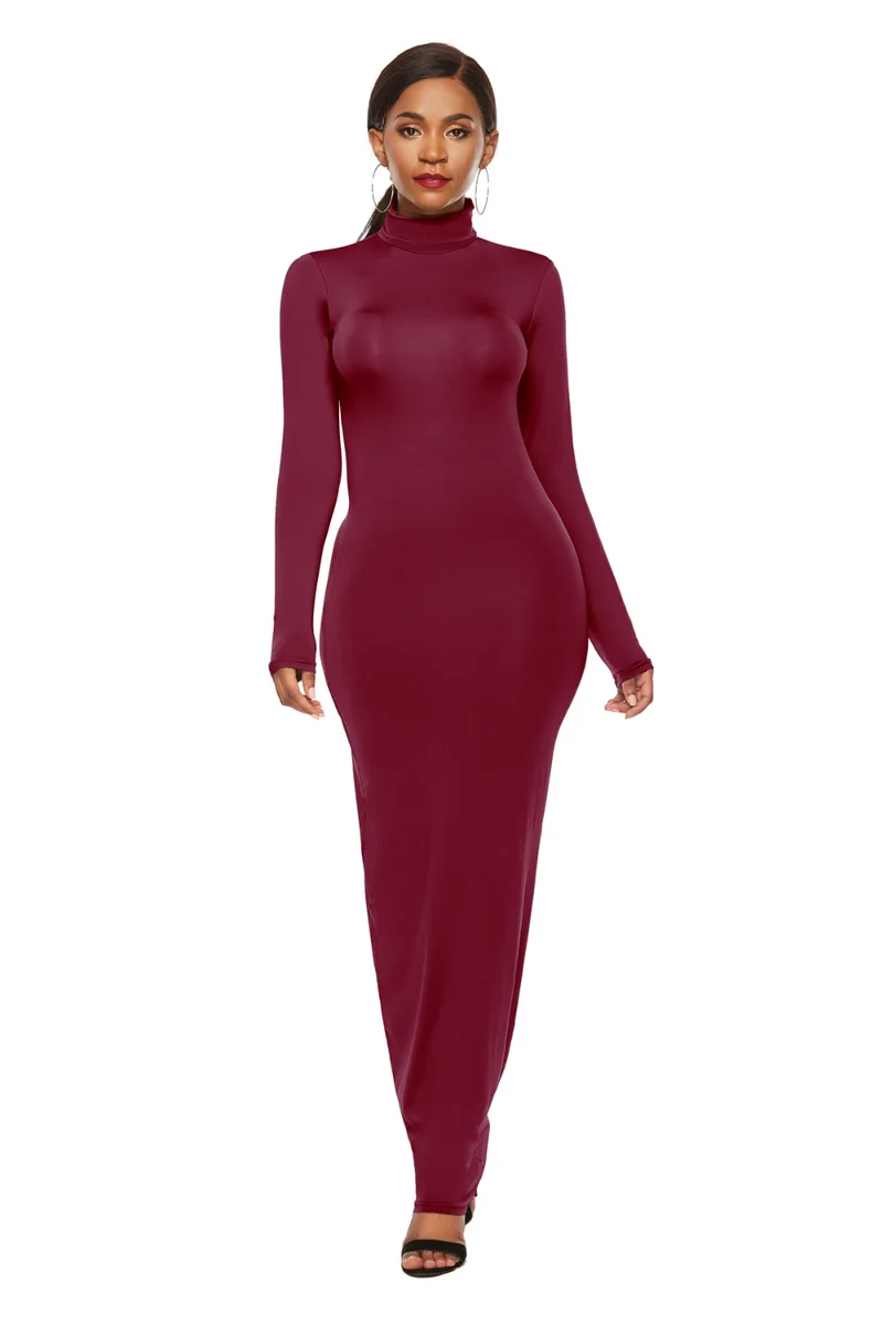 Mock Neck Lange Mouw Maxi Slim Jurk