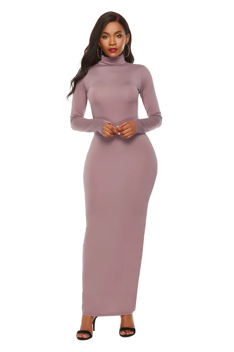 Mock Neck Lange Mouw Maxi Slim Jurk