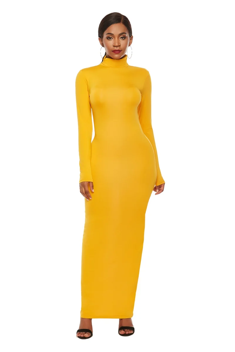 Mock Neck Lange Mouw Maxi Slim Jurk