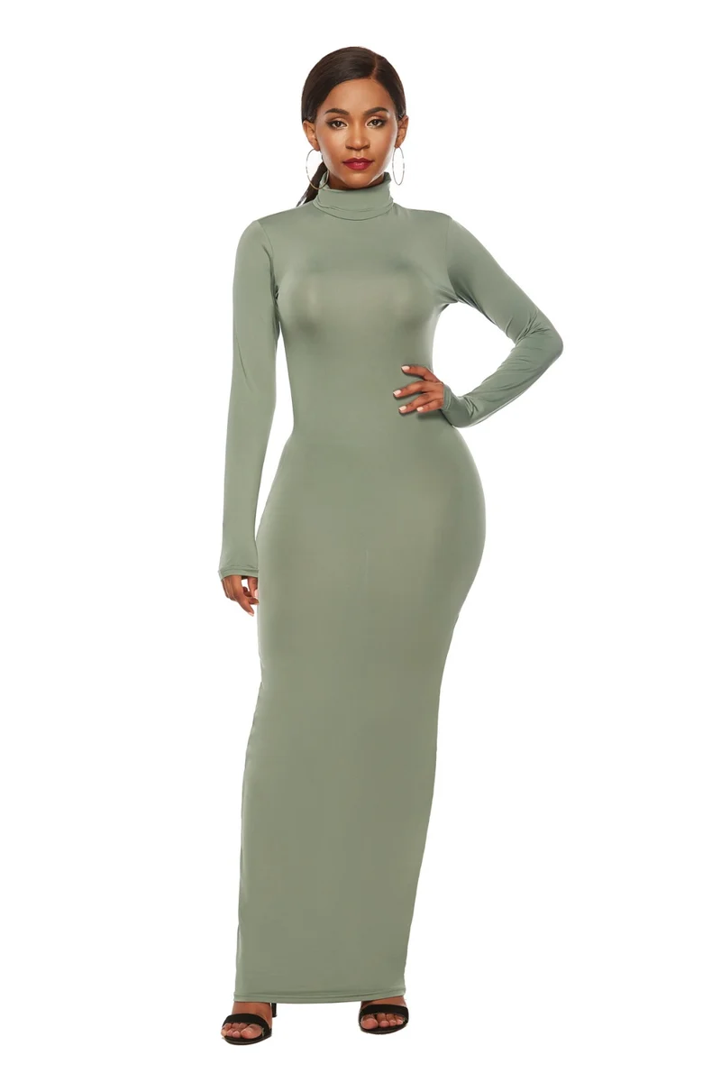 Mock Neck Lange Mouw Maxi Slim Jurk