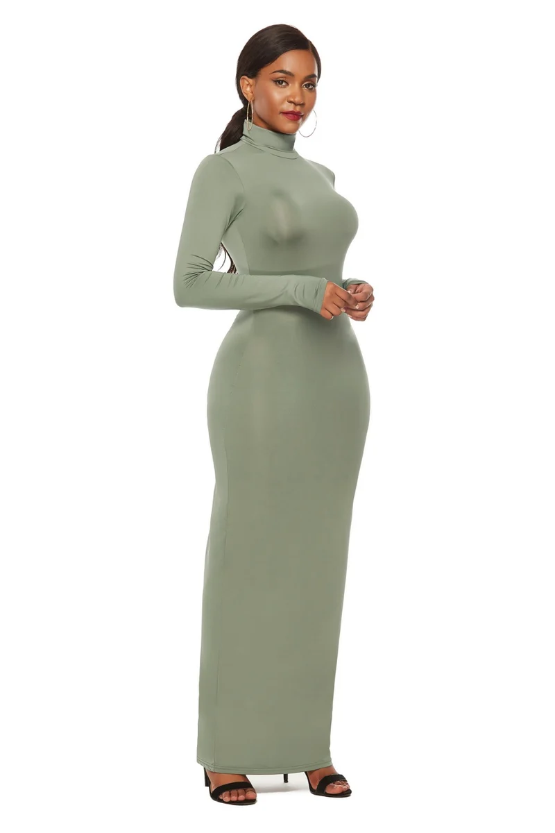 Mock Neck Lange Mouw Maxi Slim Jurk