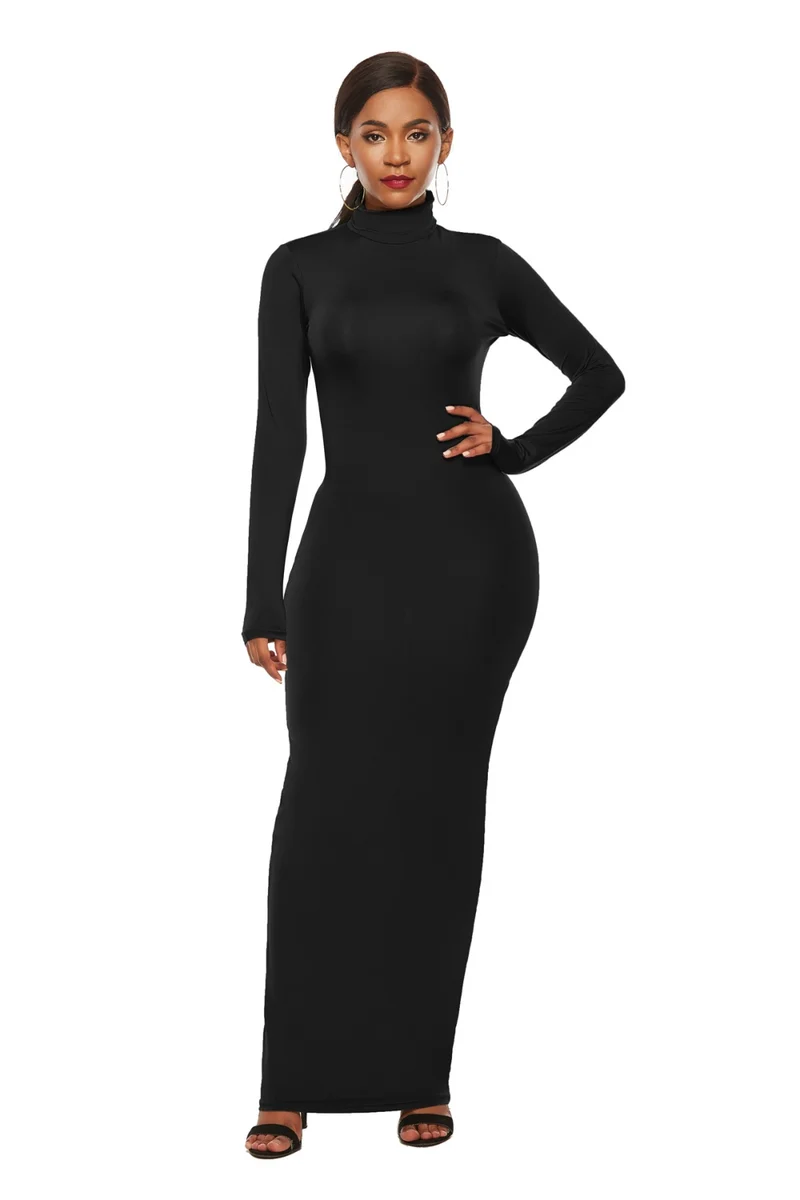 Mock Neck Lange Mouw Maxi Slim Jurk