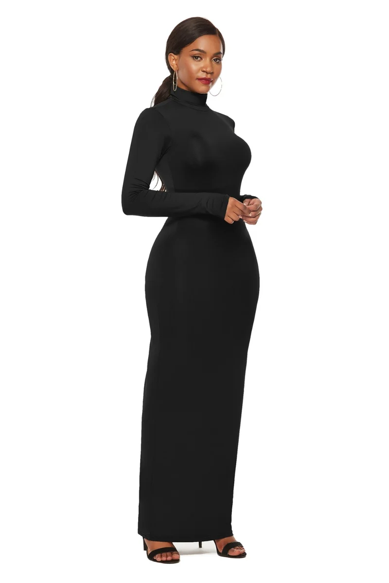Mock Neck Lange Mouw Maxi Slim Jurk
