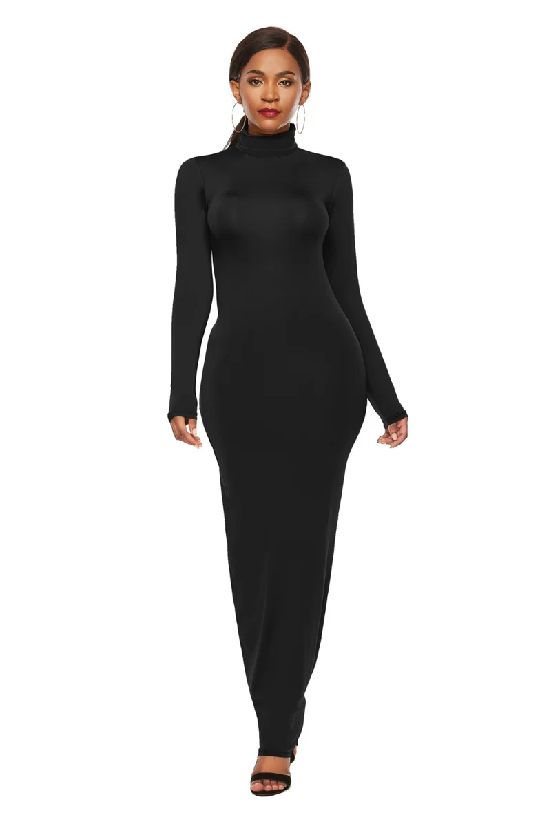 Mock Neck Lange Mouw Maxi Slim Jurk