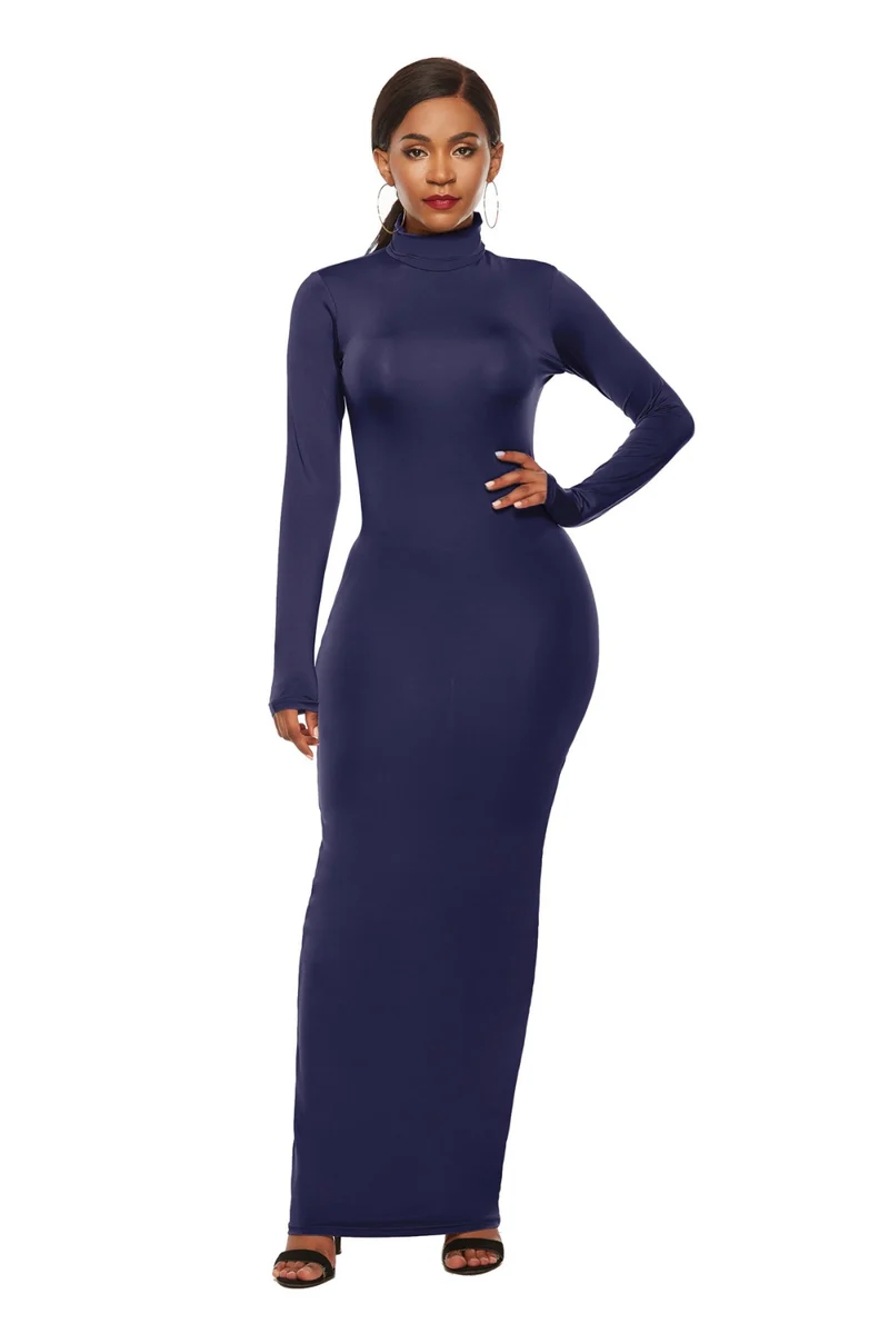 Mock Neck Lange Mouw Maxi Slim Jurk