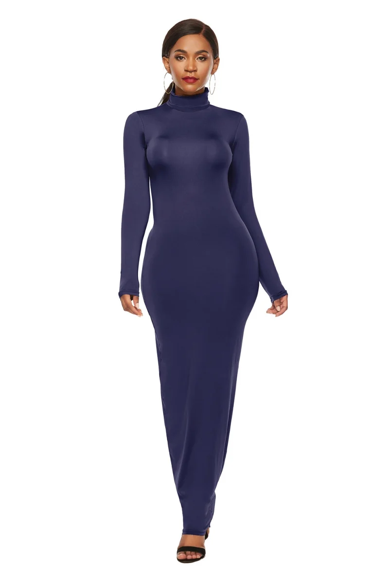 Mock Neck Lange Mouw Maxi Slim Jurk