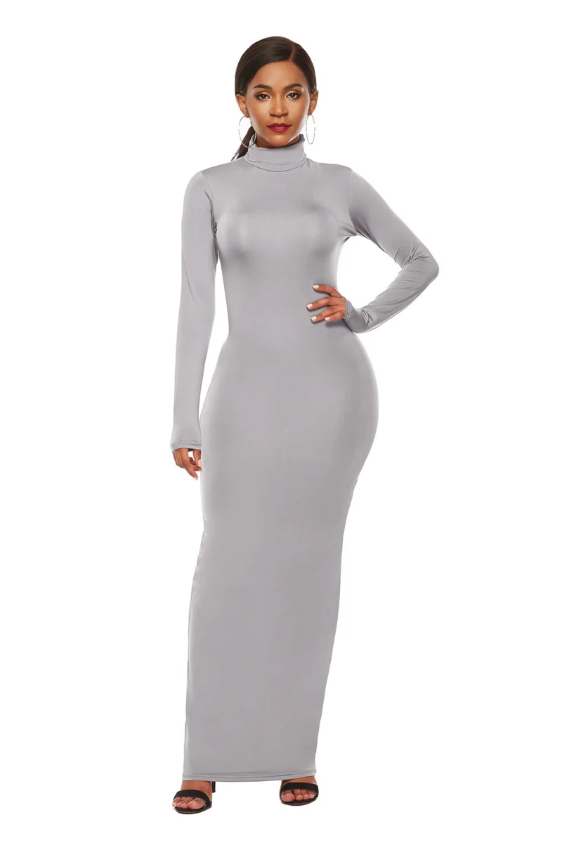 Mock Neck Lange Mouw Maxi Slim Jurk
