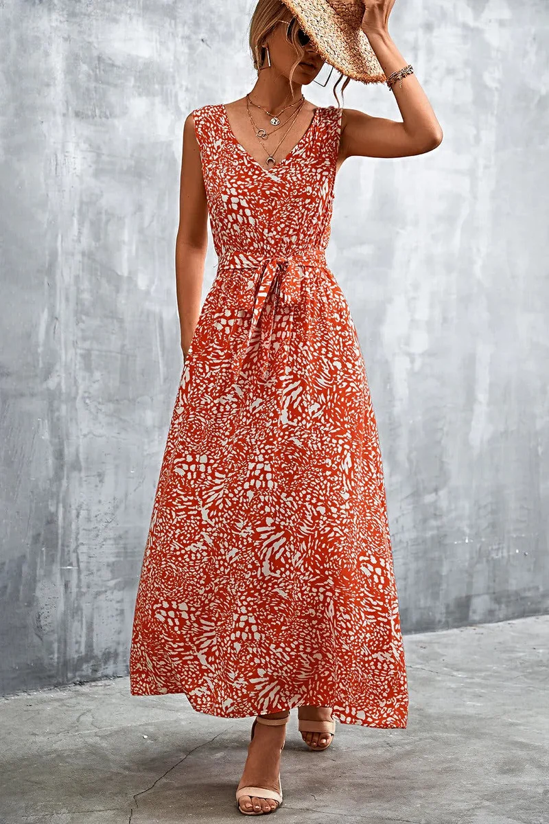 Chique maxi-jurk met V-hals, strikceintuur en zakken - Trendsi collectie