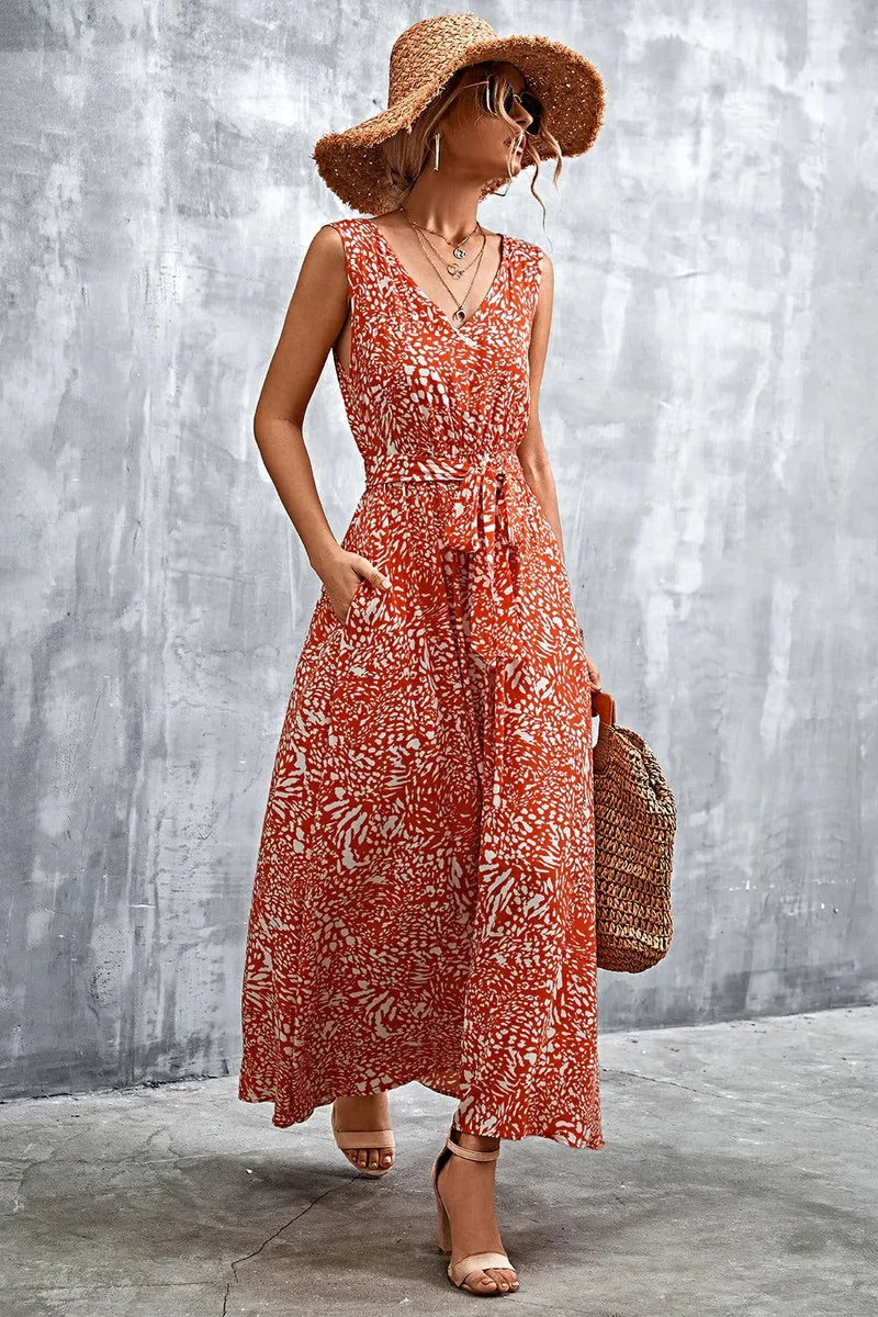 Chique maxi-jurk met V-hals, strikceintuur en zakken - Trendsi collectie