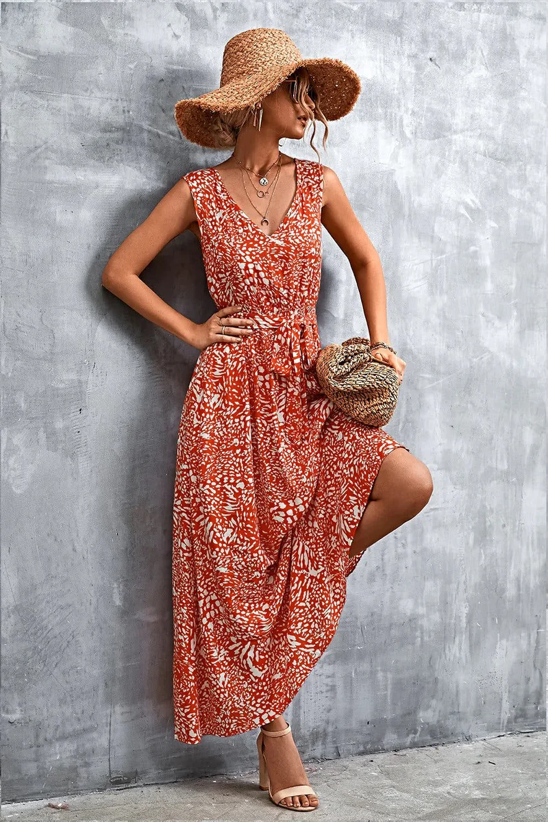 Chique maxi-jurk met V-hals, strikceintuur en zakken - Trendsi collectie