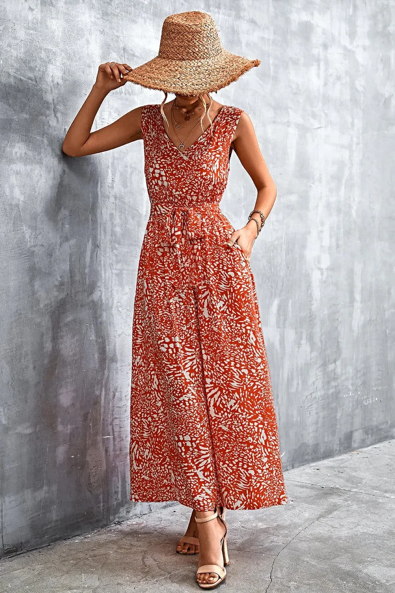 Chique maxi-jurk met V-hals, strikceintuur en zakken - Trendsi collectie