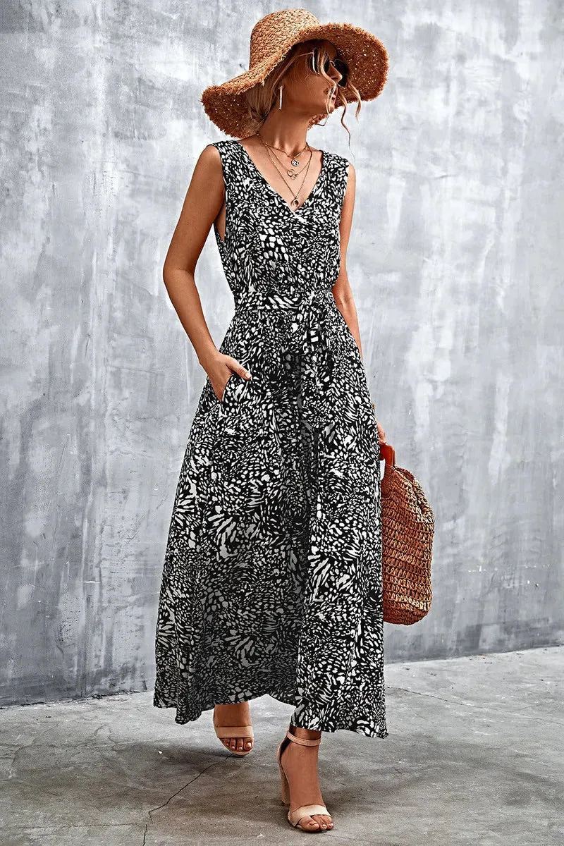 Chique maxi-jurk met V-hals, strikceintuur en zakken - Trendsi collectie