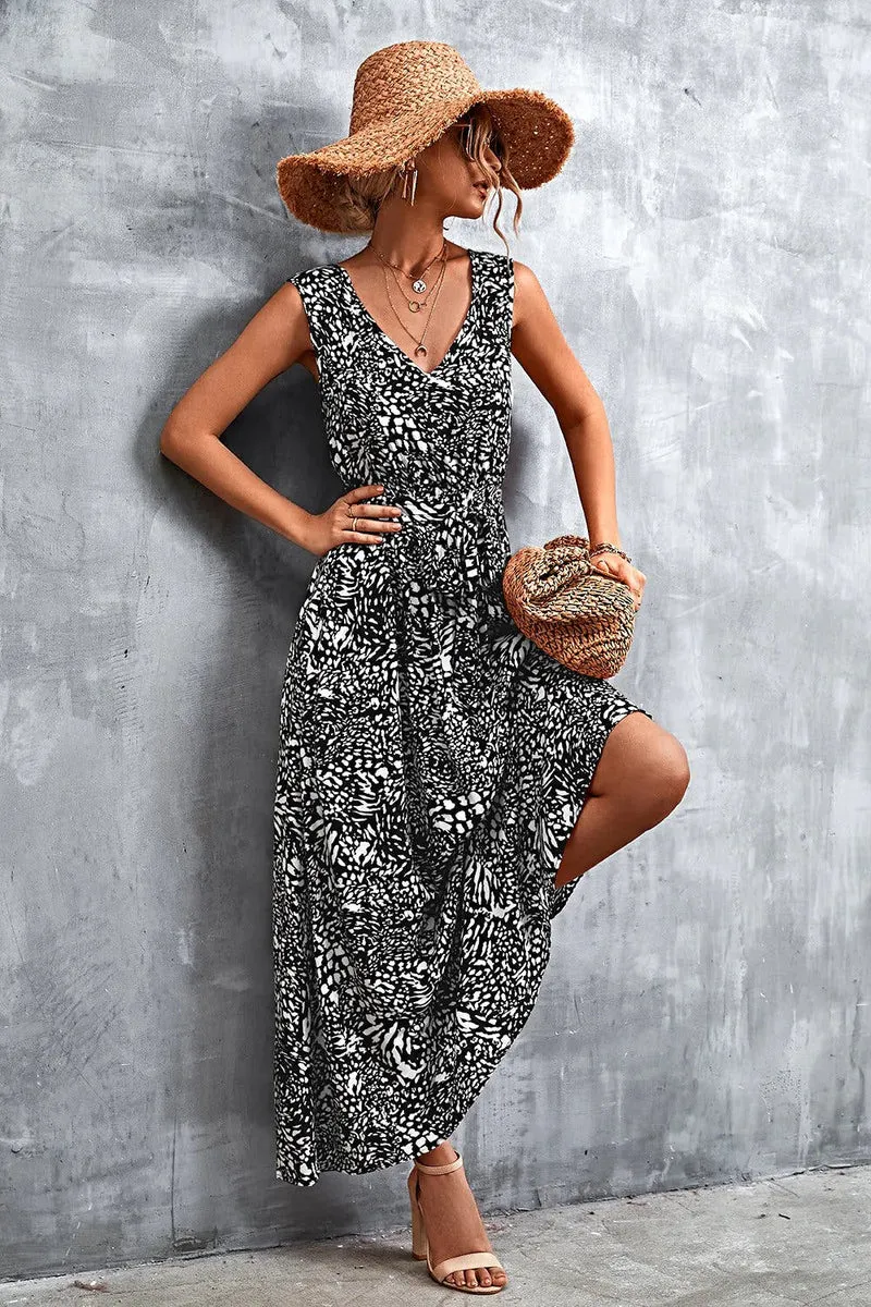Chique maxi-jurk met V-hals, strikceintuur en zakken - Trendsi collectie